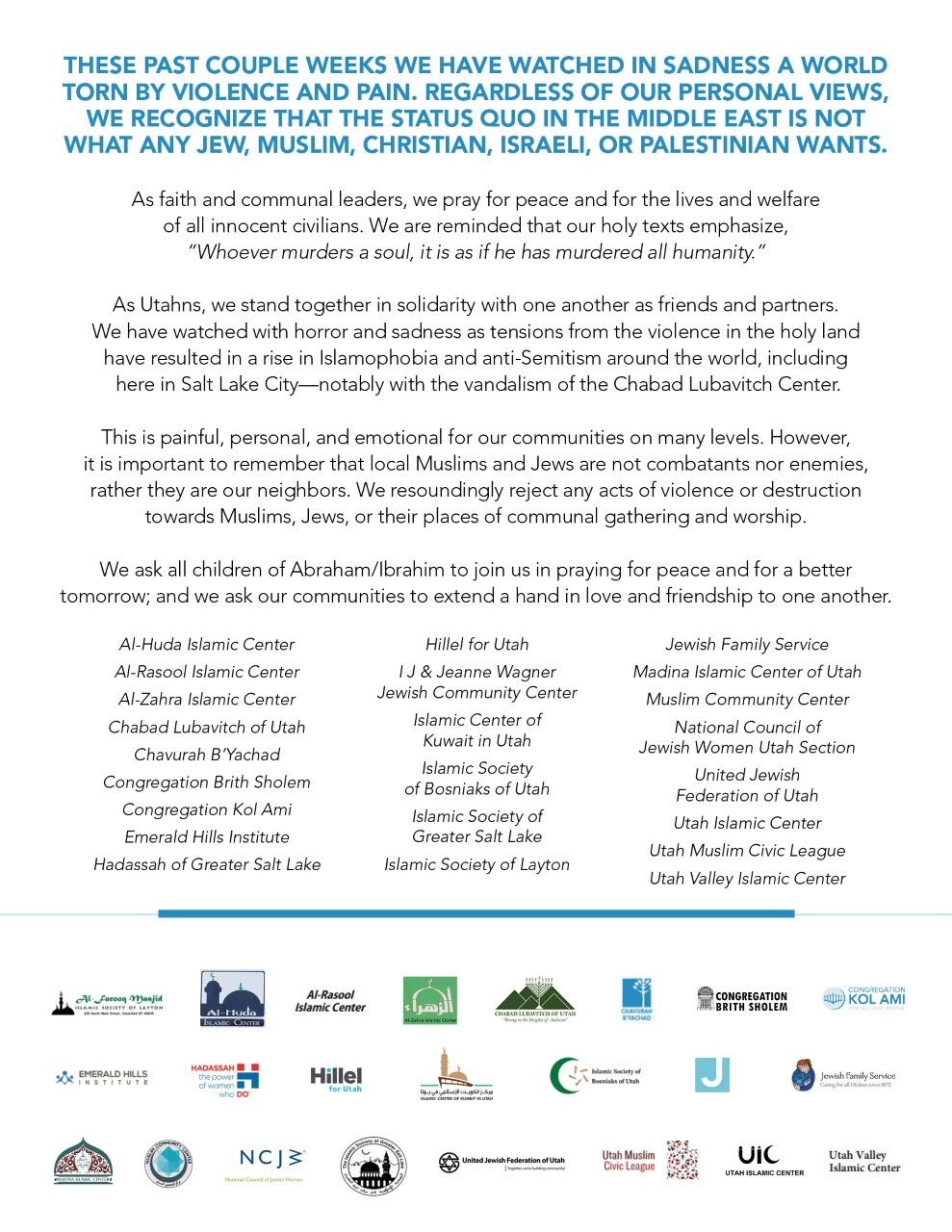 Utah Jewish and Muslim leader joint statement