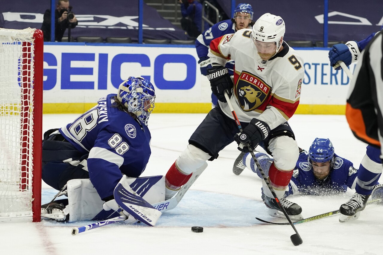 Tampa Bay Lightning goaltender Andrei Vasilevskiy makes save on shot by Florida Panthers center Sam Bennett in Game 6 of first-round playoff series, May 26, 2021