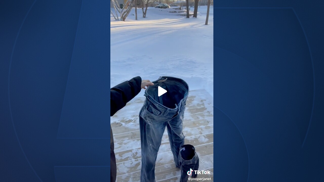 Janet Steward, aka 'Yooper Janet,' shows off 'rock hard' frozen jeans