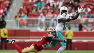 Miami Dolphins wide receiver Chris Bell, right, cannot catch a pass while being defended by San Francisco 49ers cornerback Jack Jones during the second half of an NFL football game in Santa Clara, Calif., Sunday, Sept. 20, 2026. 