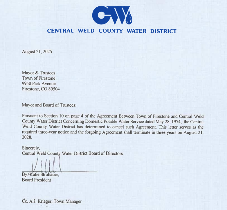 Central Weld County Water District_letter to cancel service in Firestone in 2028
