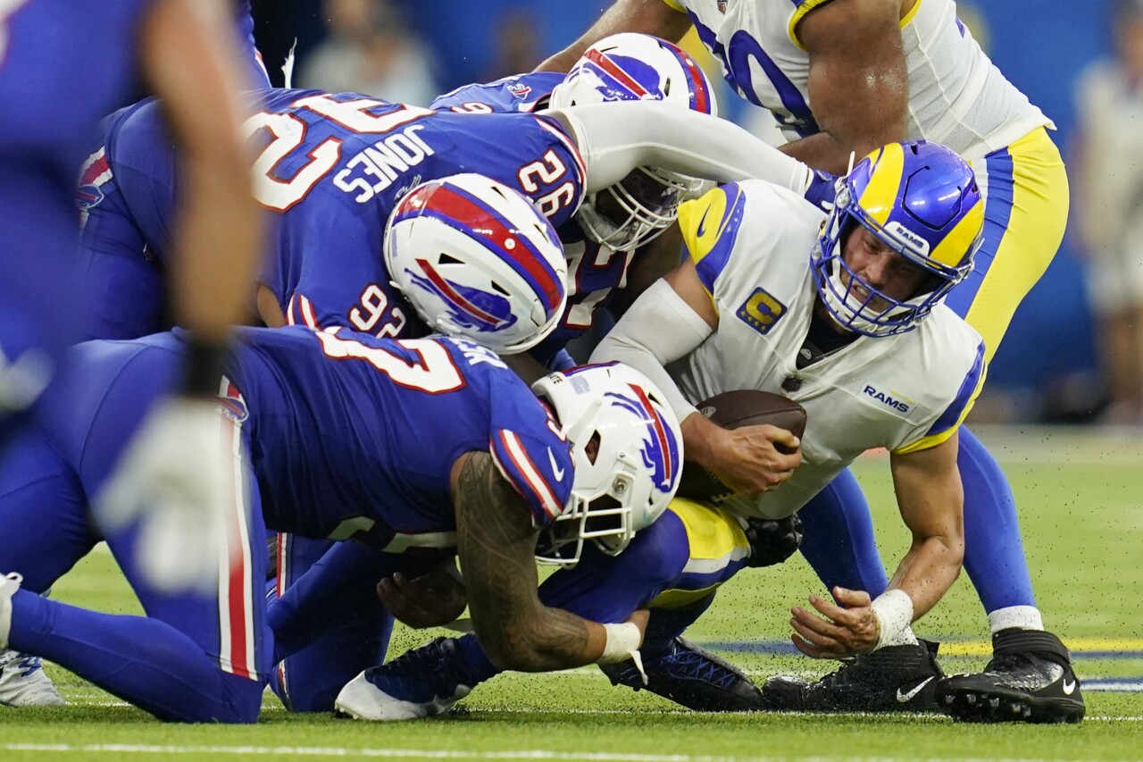 Los Angeles Rams QB Matthew Stafford sacked by Buffalo Bills, Sept. 8, 2022