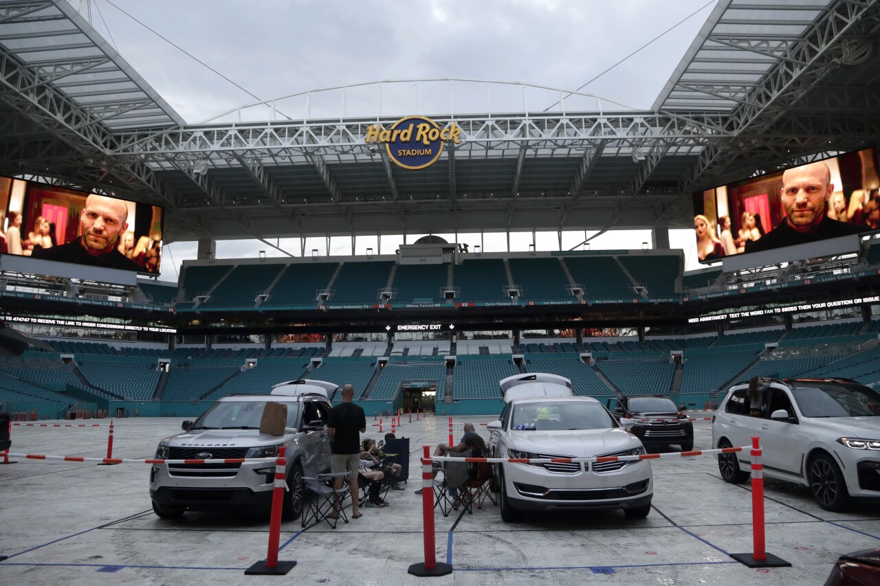 people watch movie in drive-in theater at Hard Rock Stadium