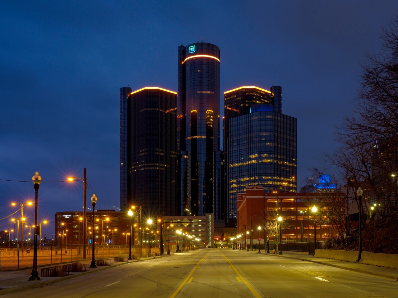 GM Ren Cen Global Headquarters Glows Amber