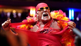 Hulk Hogan rips his shirt before Republican presidential nominee former President Donald Trump speaks at a campaign rally at Madison Square Garden, Oct. 27, 2024, in New York. 