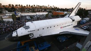 The Space Shuttle Endeavour is moved to the California Science Center in Los Angeles