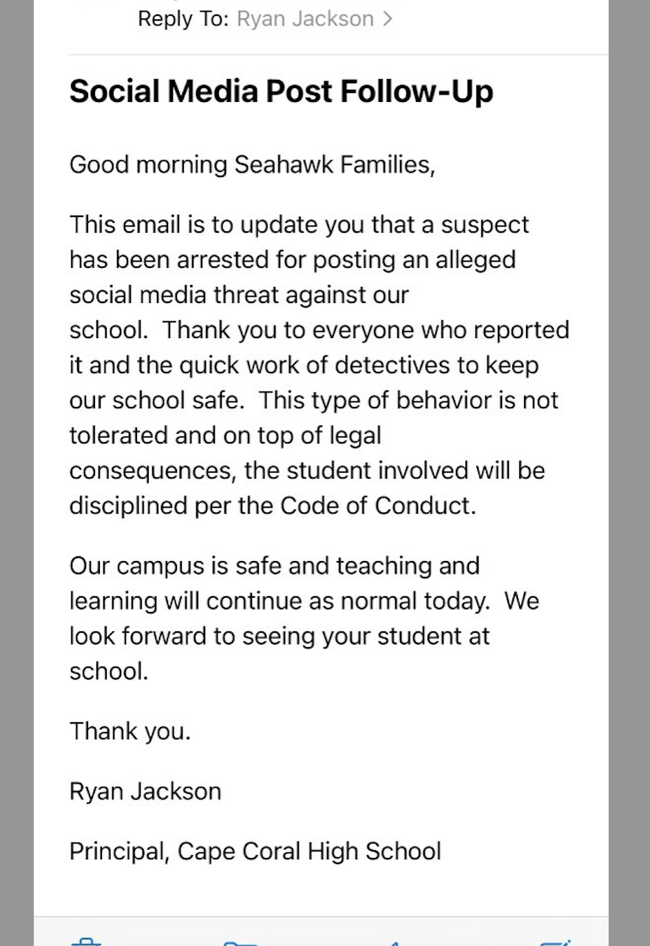 Cape High Principal letter to parents