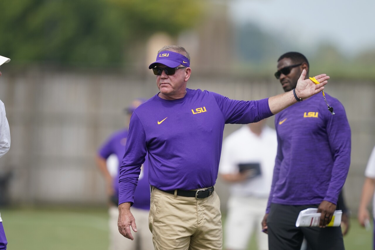 LSU Tigers head coach Brian Kelly during practice, Aug. 17, 2022