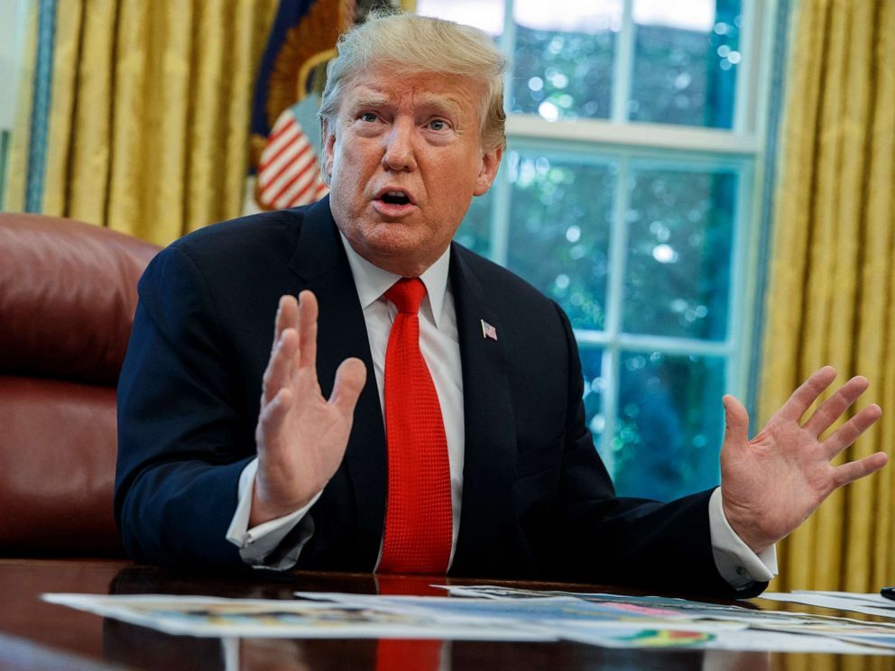 President Donald Trump talks with reporters after receiving a briefing on Hurricane Dorian in the Oval Office of the White House, Wednesday, Sept. 4, 2019, in Washington (Evan Vucci/AP).