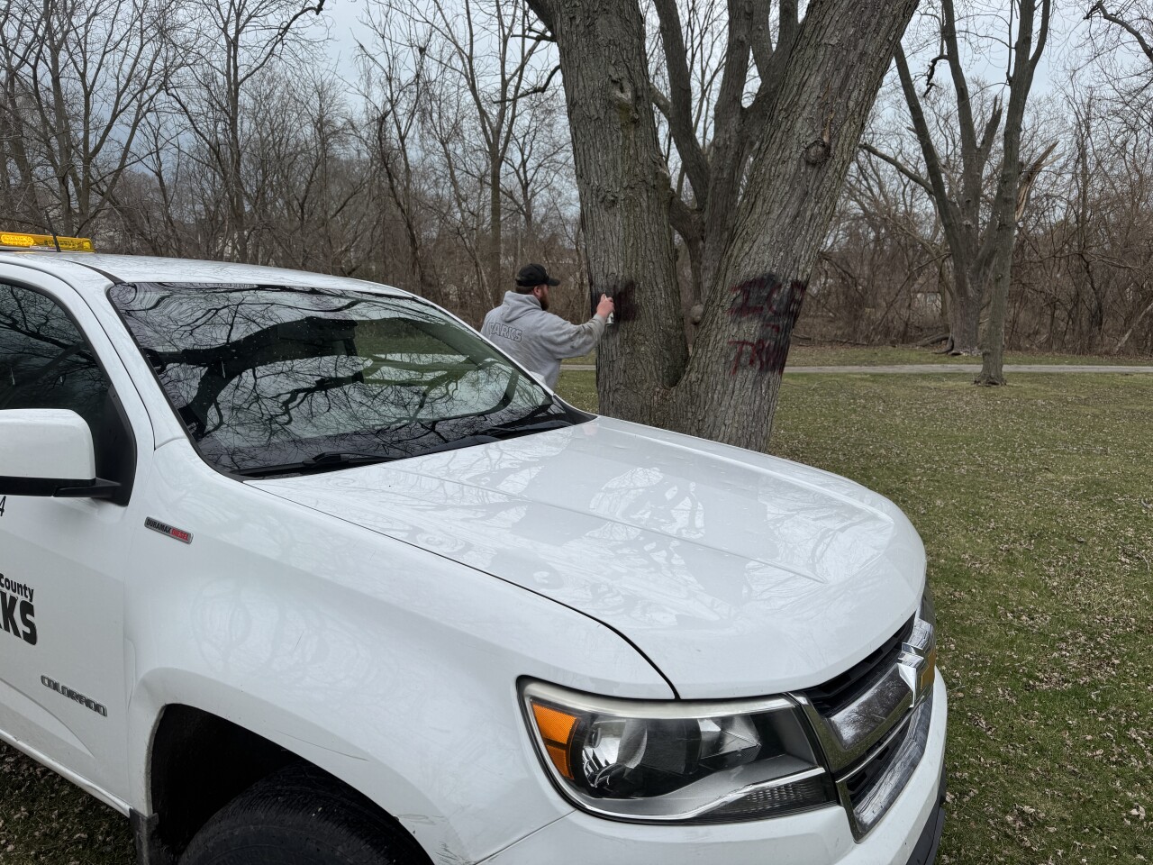 Milwaukee County Parks worker covering up the vandalism with spray paint. 
