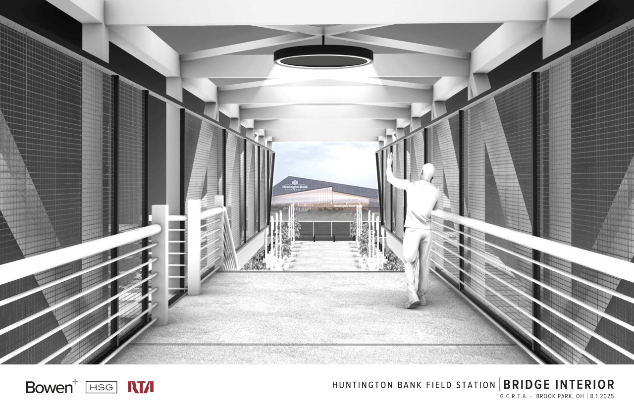 A conceptual image shows a pedestrian walkway over railroad tracks at a possible RTA station dedicated to a new Browns stadium in Brook Park.