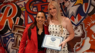 Calallen grad Valeria Perez with senior pitcher Jordyn Thibodeaux