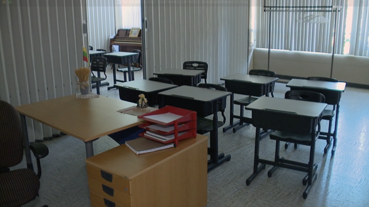 Empty classrooms at the school located inside Divine Providence Lithuanian Parish