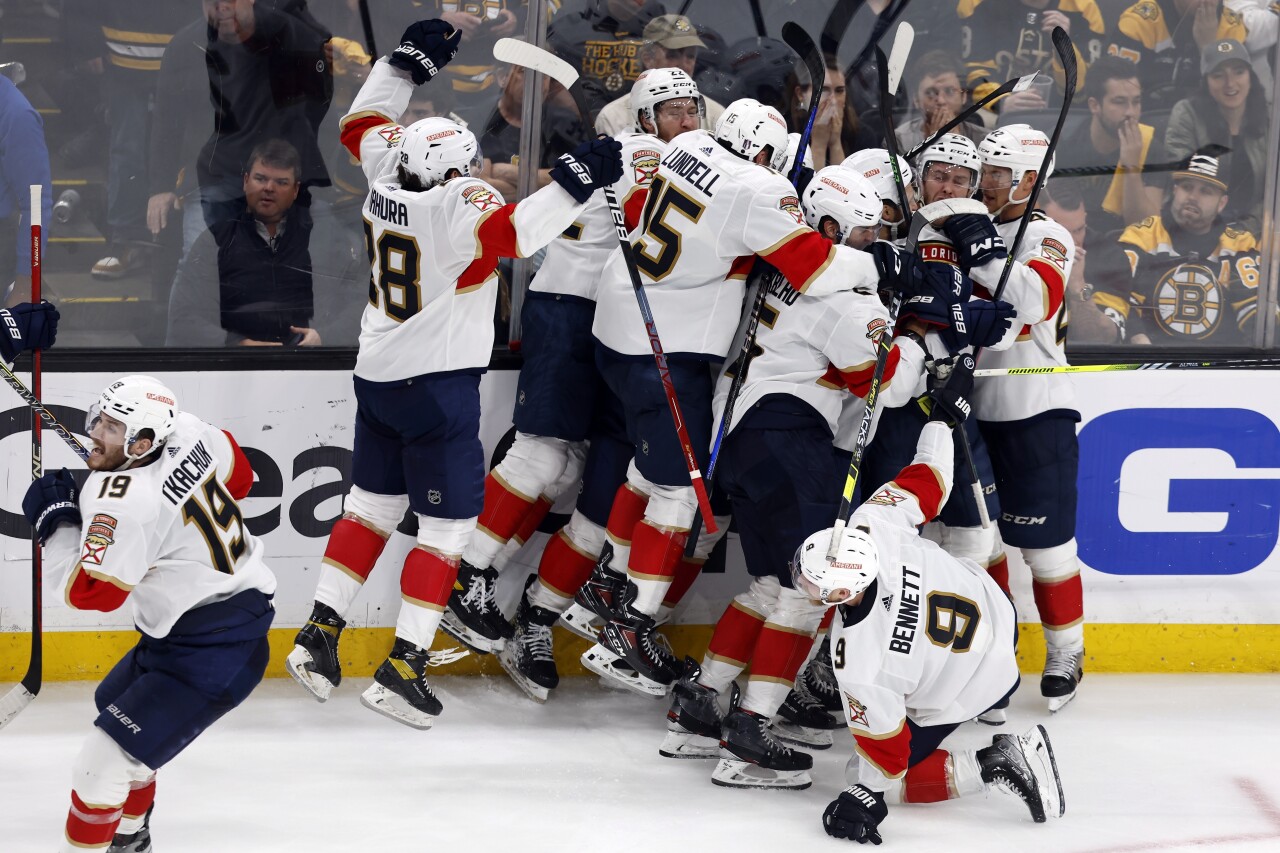 Florida Panthers celebrate after beating Boston Bruins in OT of Game 7 of NHL first-round playoff series, April 30, 2023