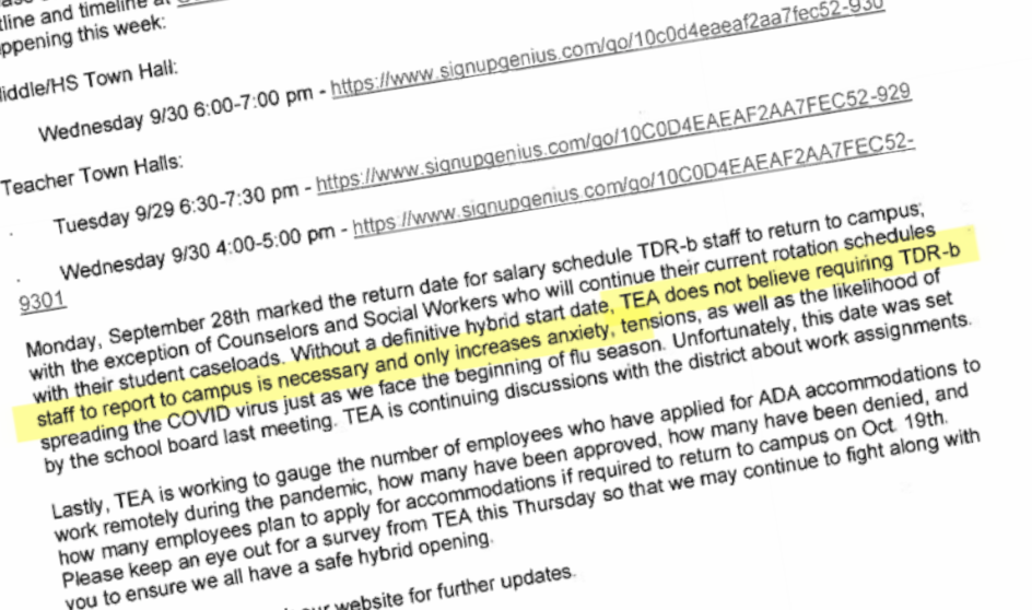 TEA letter to members about ADA accommodations
