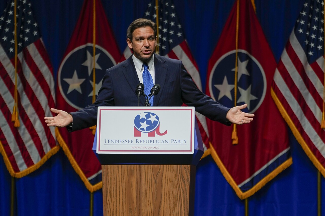 Republican presidential candidate Florida Gov. Ron DeSantis speaks during the Tennessee Republican Party Statesmen's Dinner, Saturday, July 15, 2023 in Nashville, Tenn. (AP Photo/George Walker IV)