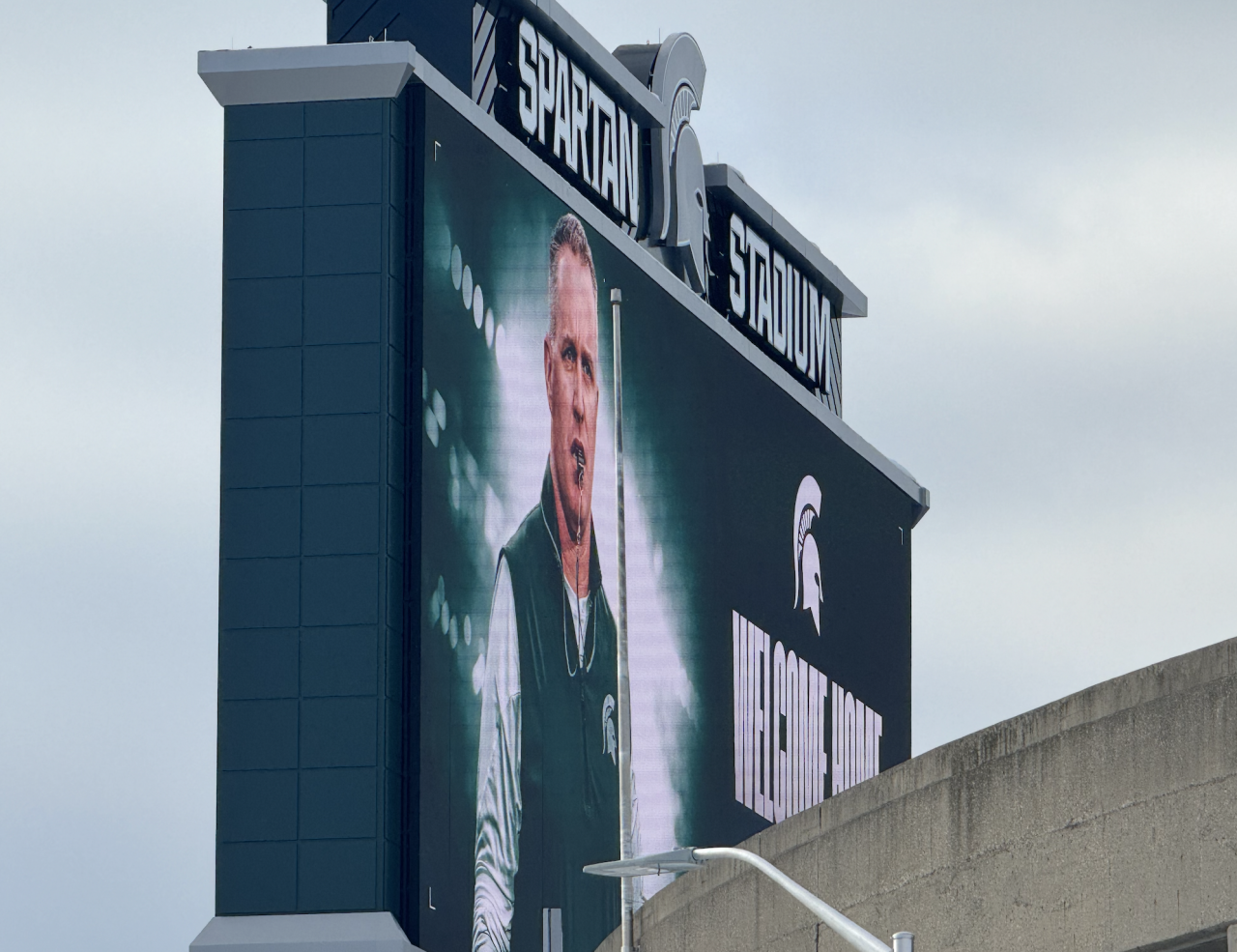 Spartan Stadium jumbotron donning "Welcome Home" Tuesday, along with a picture of Pat Fitzgerald