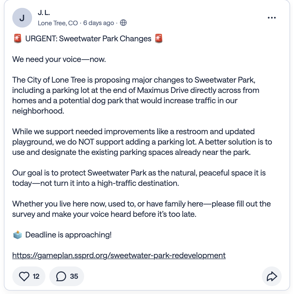 Nextdoor Sweetwater Park Post