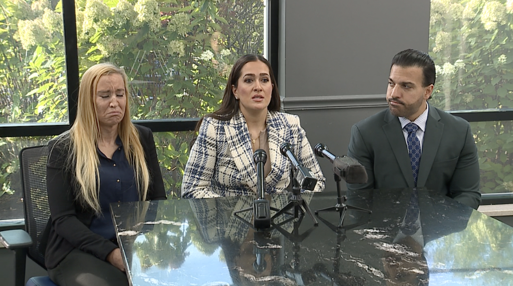 Defendant Lisa Harrison (left) alongside her attorneys Nora Hanna (middle) and Justin Zayid (right)