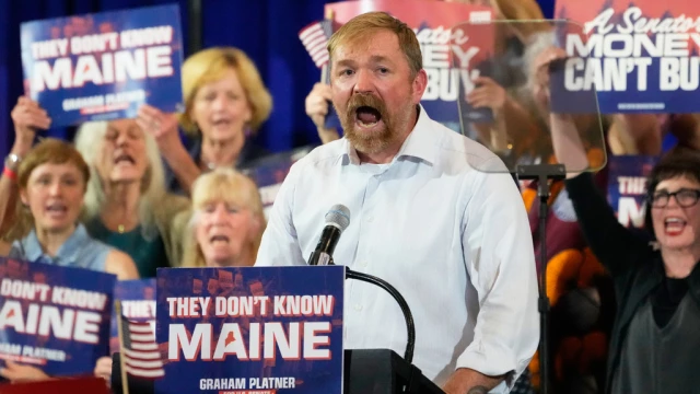 Democratic U.S. Senate candidate Graham Platner speaks during a primary election night watch party after winning the Democratic nomination Tuesday, June 9, 2026, in Blue Hill, Maine.