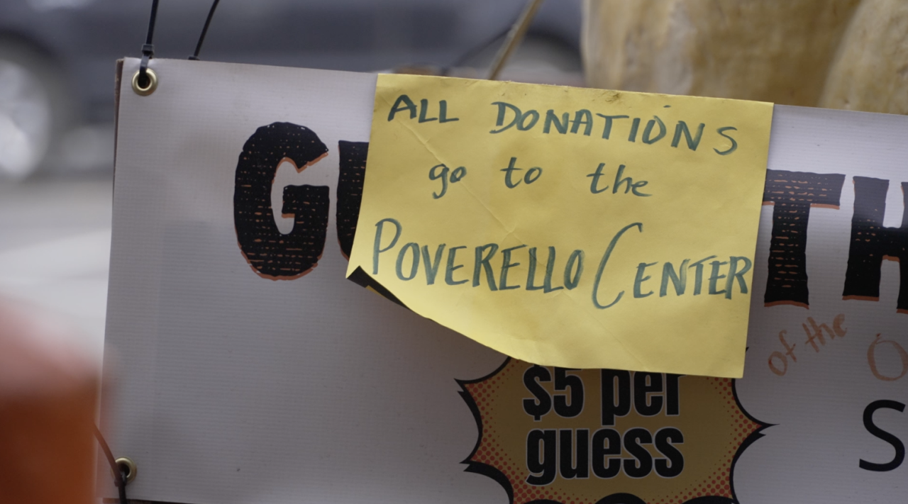 The "guessing the weight" fundraiser for Mathias Delp's pumpkin is raising money for the Poverello Center.