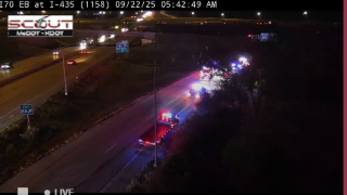 Semi overturned I-70EB to I-435SB
