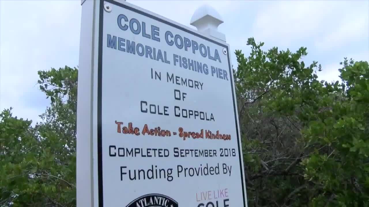 Cole Coppola Memorial Fishing Pier sign at Riverside Park