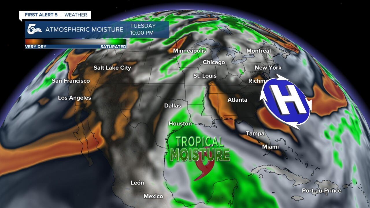 Tropical moisture will move toward Colorado over the next several days