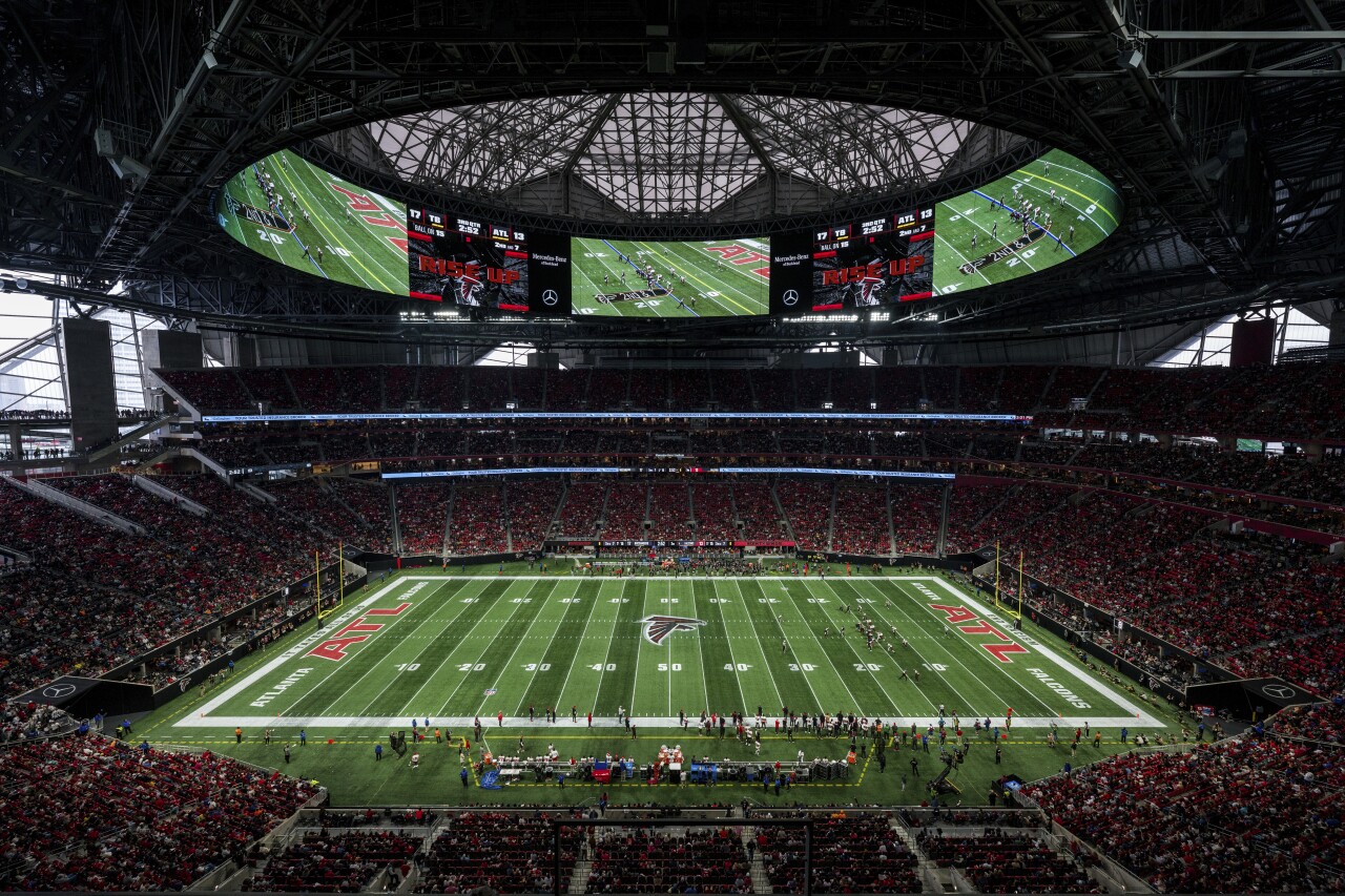 Mercedes-Benz Stadium in Atlanta during Falcons-Tampa Bay Buccaneers game, Jan. 8, 2023