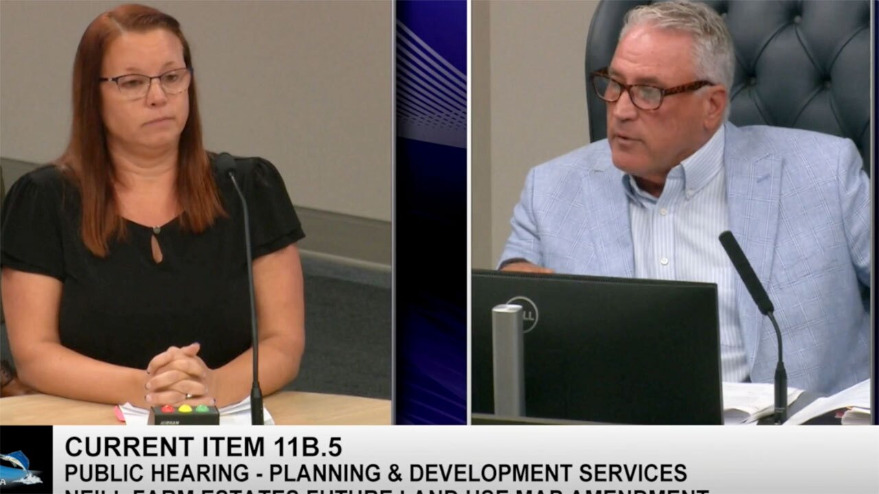 Port St. Lucie Mayor Shannon Martin and St. Lucie County Commissioner Chris Dzadovsky discuss proposed developments at a county commission meeting held on Nov. 12, 2024.