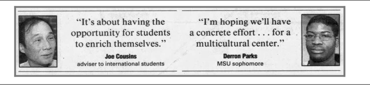 Student calls for more effort towards a multicultural center in a 1999 edition of the Lansing State Journal