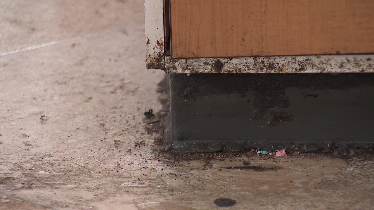 Grime coats the floor at the Greyhound station in downtown Cleveland.
