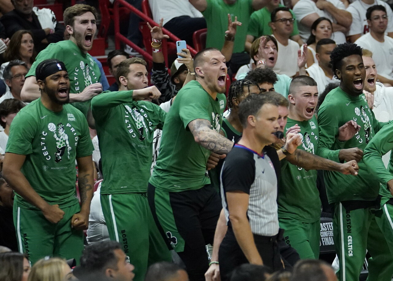 Boston Celtics players celebrate as team pulls ahead at Miami Heat, May 25, 2022