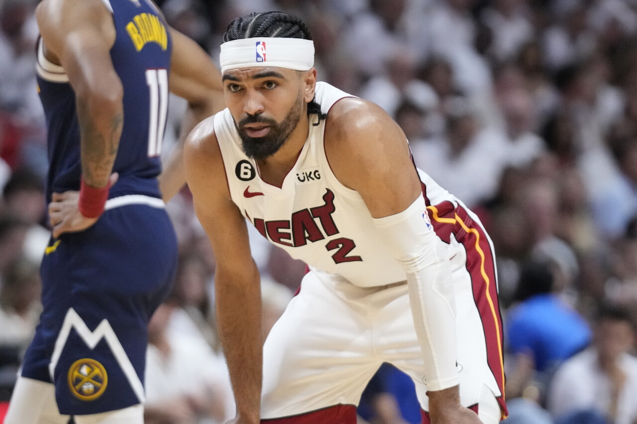 Miami Heat guard Gabe Vincent waits for play to resume during Game 4 of NBA Finals against Denver Nuggets, June 9, 2023