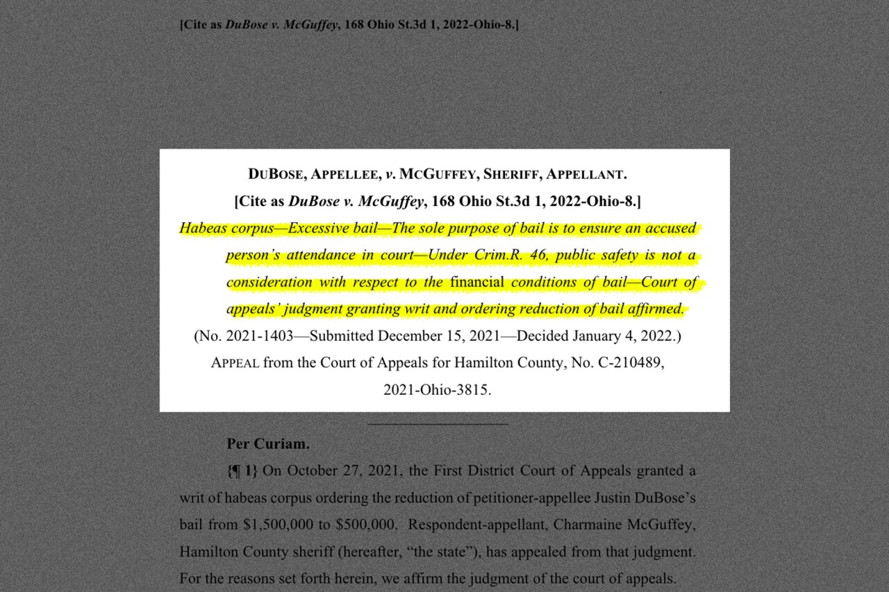 A ruling with highlighted text reading: “Habeas corpus—Excessive bail—The sole purpose of bail is to ensure an accused person’s attendance in court—Under Crim.R. 46, public safety is not a consideration with respect to the financial conditions of bail—Court of appeals’ judgment granting writ and ordering reduction of bail affirmed.”
