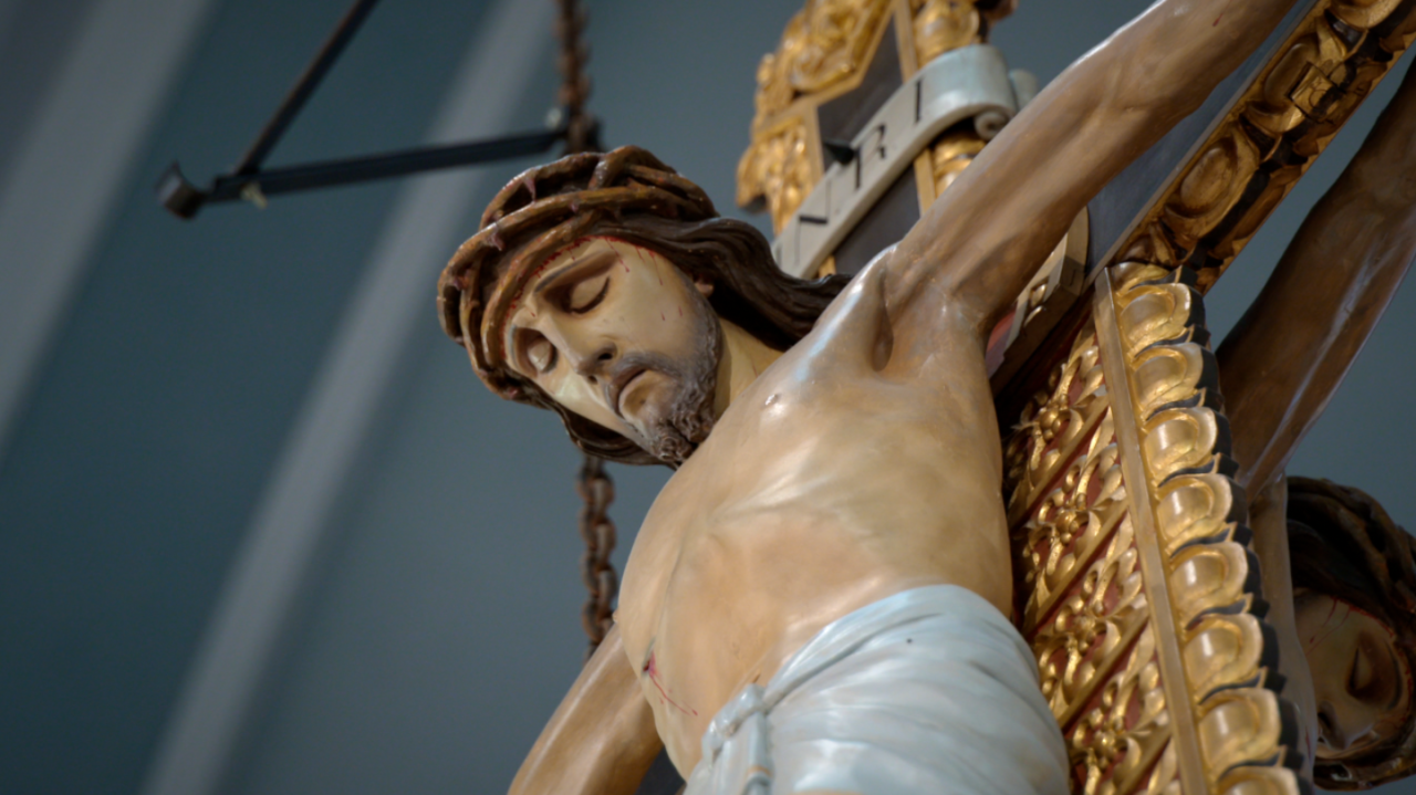 St. Francis Seraph Catholic Church has a double-sided cross above its main altar.