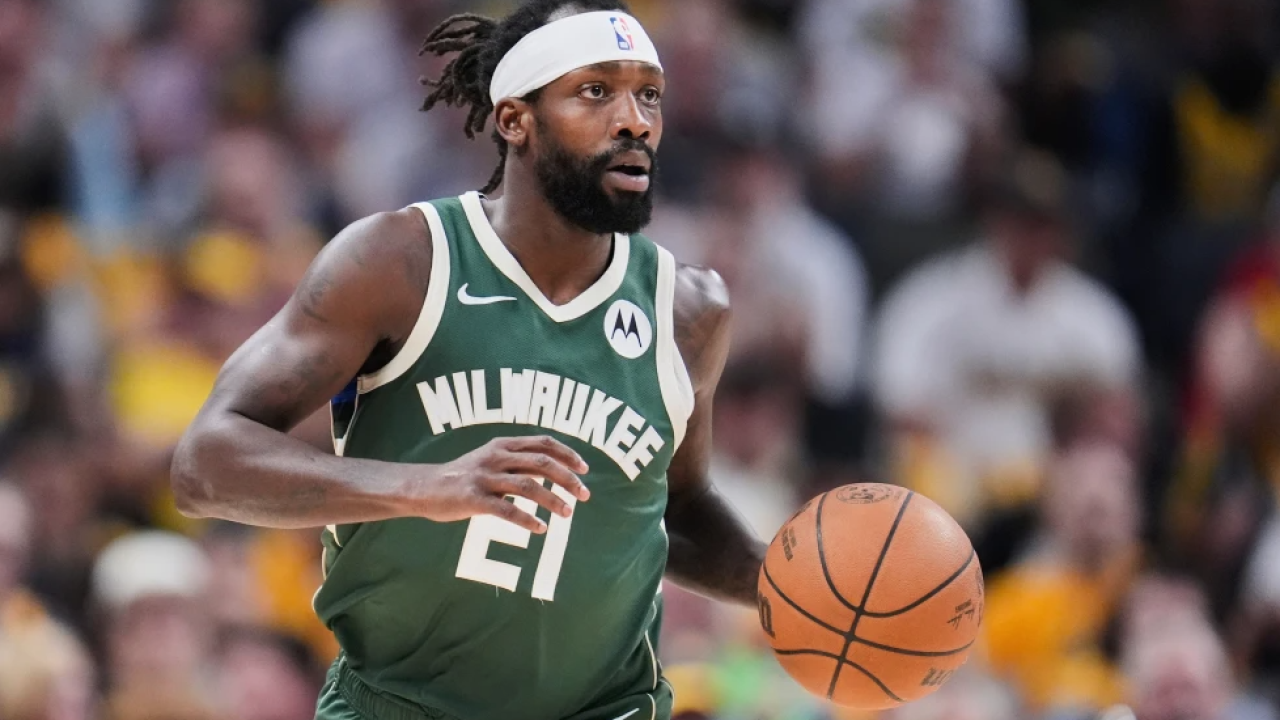 Milwaukee Bucks’ Patrick Beverley dribbles during the first half of Game 4 of the first round NBA playoff basketball series against the Indiana Pacers, Sunday, April 28, 2024, in Indianapolis.