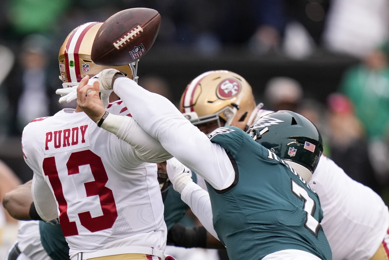 San Francisco 49ers QB Brock Purdy fumbles after being hit by Philadelphia Eagles linebacker Haason Reddick in NFC Championship game