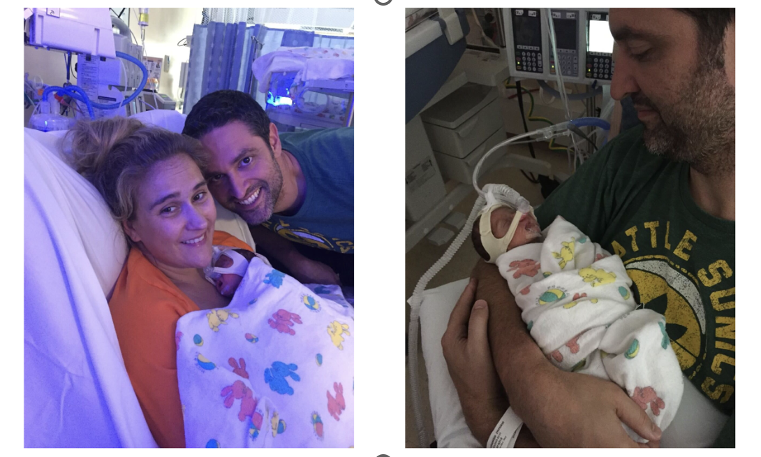 Jennifer Shipe, holding her newborn son Guy with her husband Patrick Pintar, left. Patrick Pintar holding his newborn son Calvin, right.