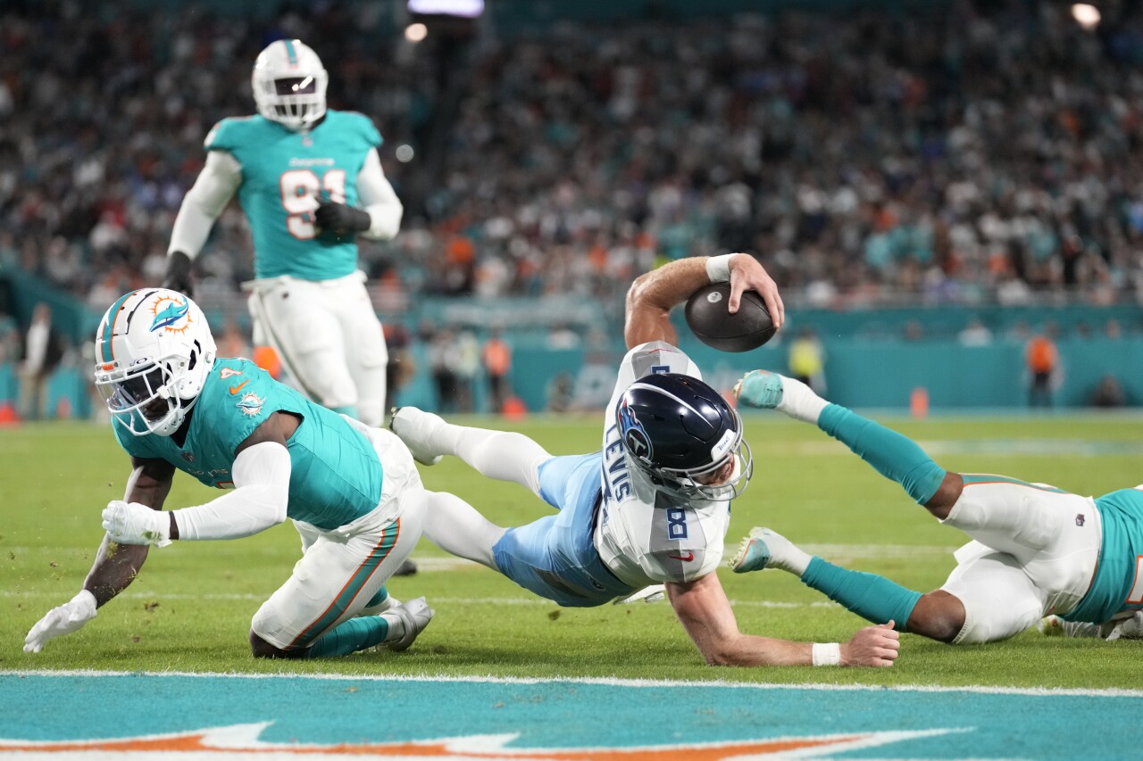 Tennessee Titans QB Will Levis falls near end zone at Miami Dolphins, Dec. 12, 2023