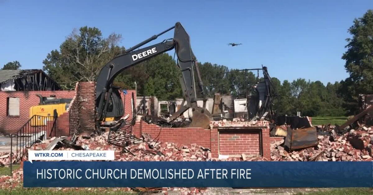 Exploded Church Items found as demolition of burned-down historic church begins