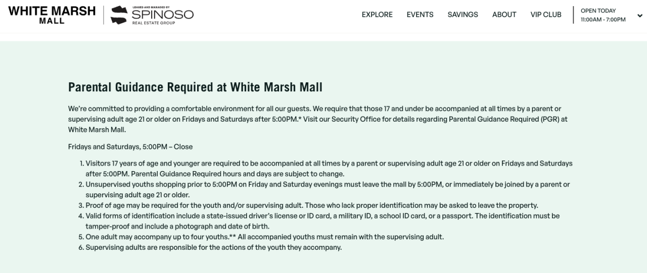 White Marsh Mall parental policy