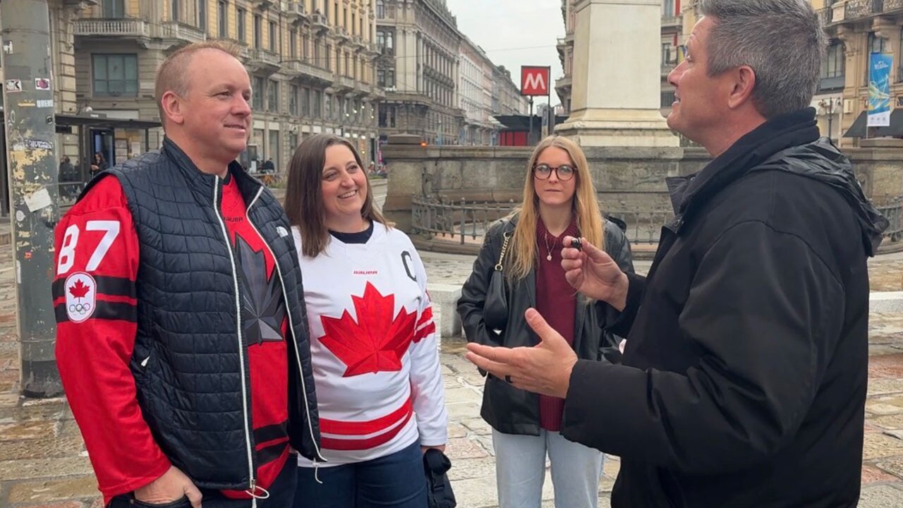 WPTV anchor and Panthers 360 host Mike Trim connects with Canadian hockey fan Jon Saby in Milan, Italy.