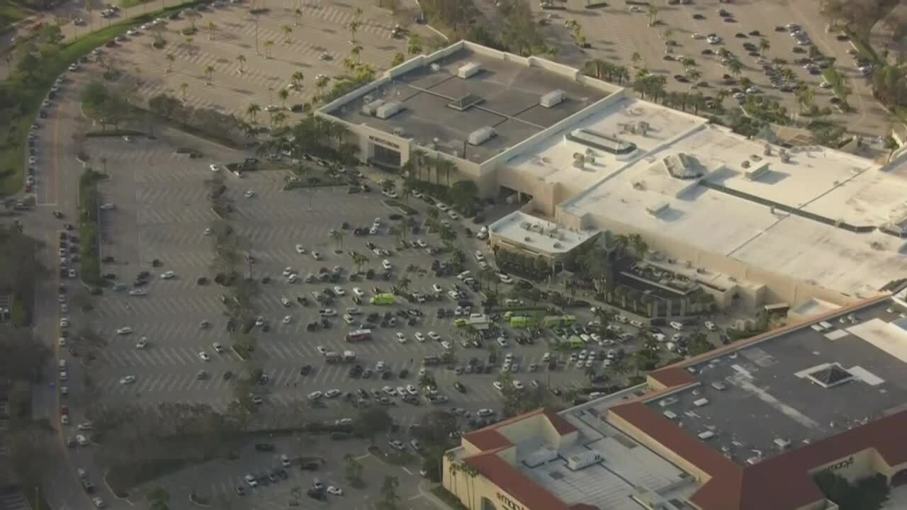 wider aerial view of Gardens Mall parking lot after reports of shots fired, Feb. 14, 2024