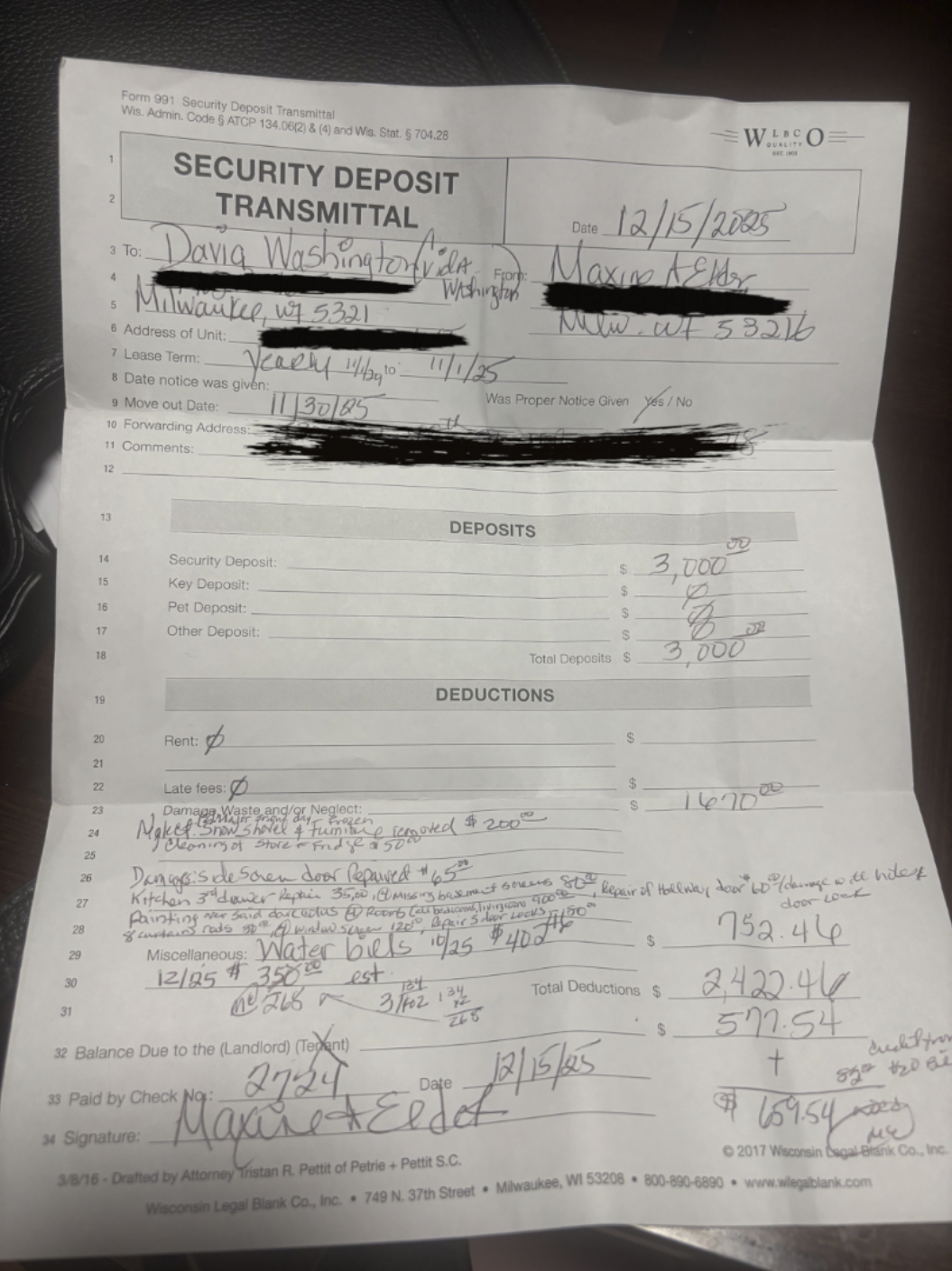 This is the letter Davia Washington received from her landlord with the breakdown of charges