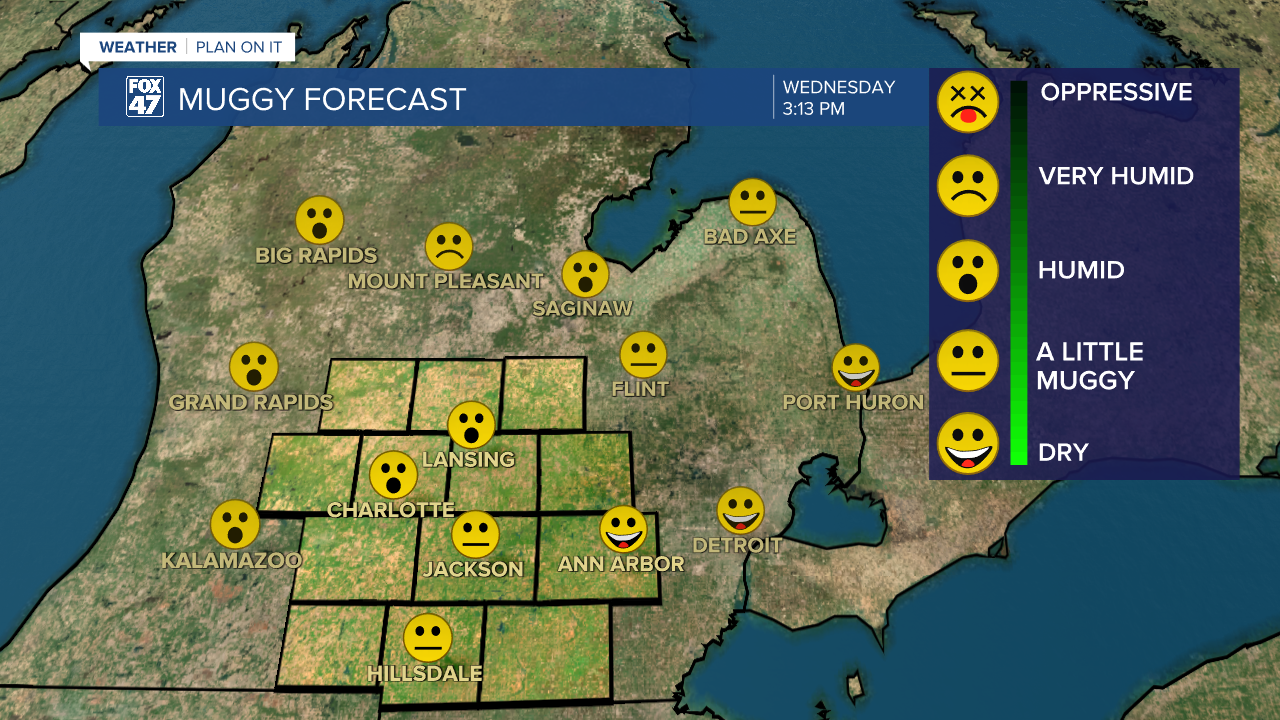Returning moisture brings uncomfortable conditions across the state Wednesday with muggy to humid conditions during the. daytime hours