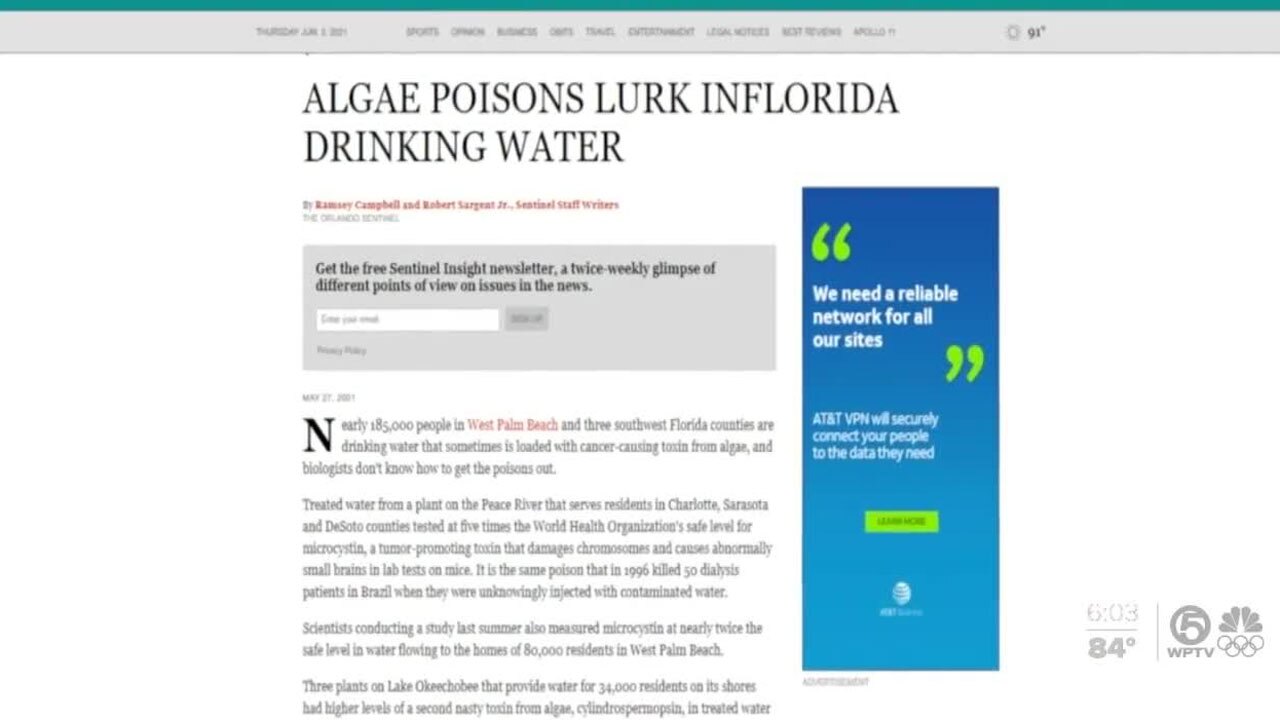 Orlando Sentinel story on algae in West Palm Beach water in 2001