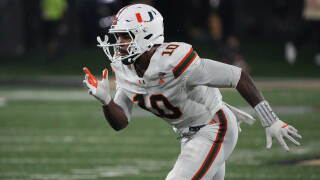 Miami defensive end Damon Wilson II (10) rushes against Wake Forest during the second half of an NCAA college football game in Winston-Salem, N.C., Friday, Sept. 18, 2026. (AP Photo/Chuck Burton)