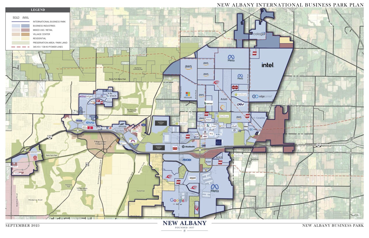 The New Albany International Business Park spans 12,000 acres in Franklin and Licking counties. This map shows the huge appetite for land from data center developers, including Amazon Web Services, Microsoft, Google, Meta, QTS, EdgeConneX, CyrusOne and Cologix.