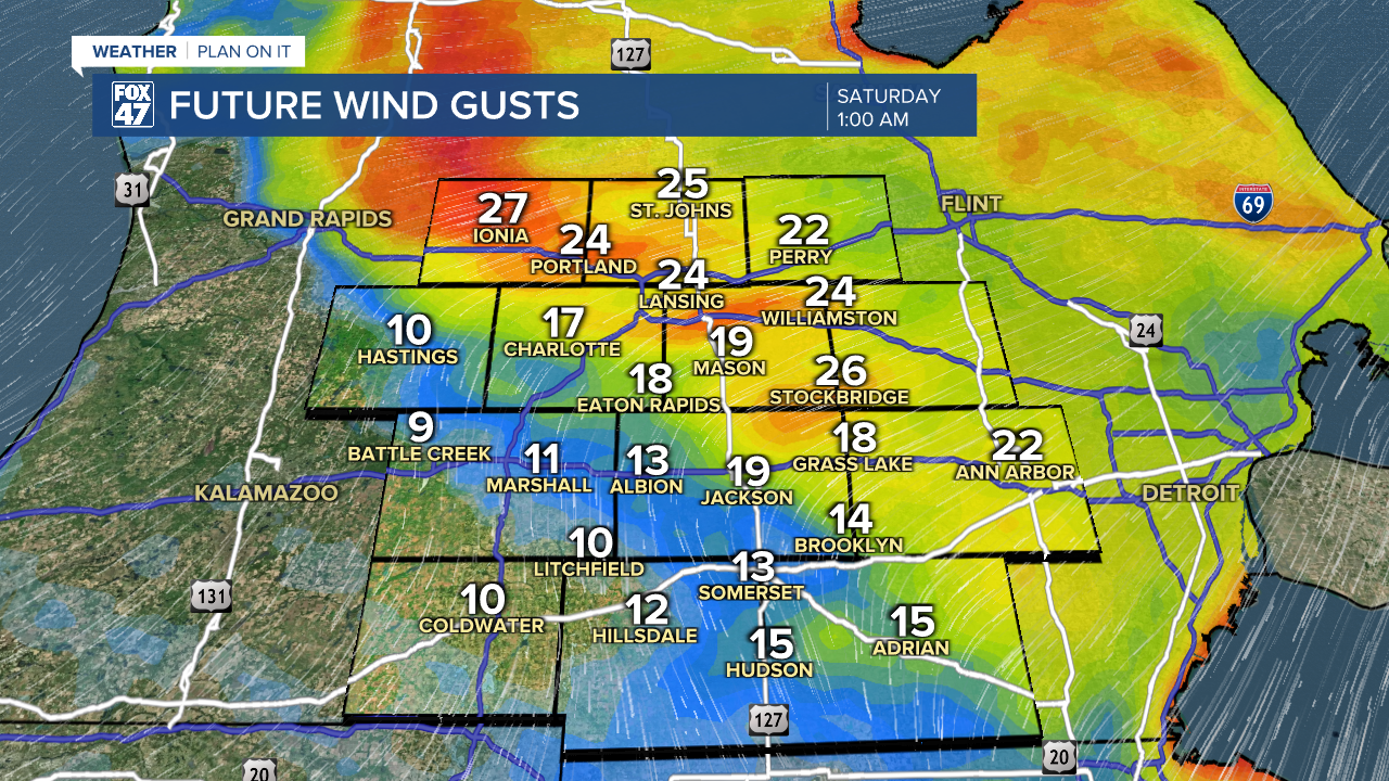 Isolated wind gusts ranging from 25-30 mph possible overnight as a weak frontal passage sags south through the state